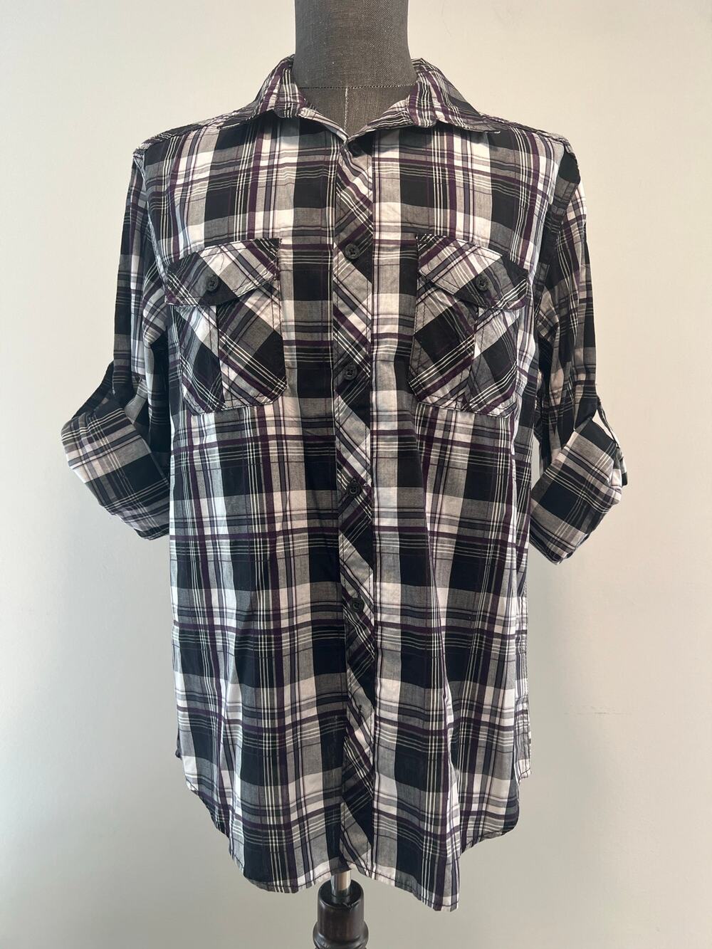 Helix Plaid Button Down Shirt Athletic Fit Western Style Black Purple Large JL
